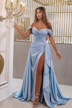 Elegante vestido de noite comprido azul royal com decote em V e decote em V, estilo sereia e racha