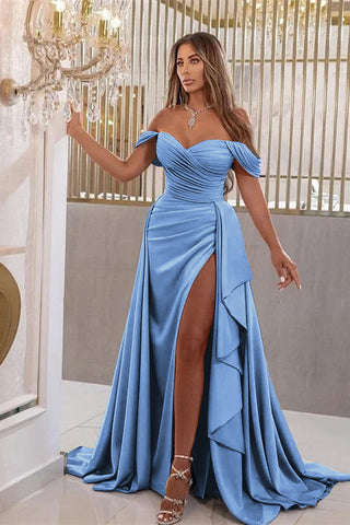 Elegant Royal Blue Long Off-The-Shoulder Mermaid Sweetheart Evening Dress with Split