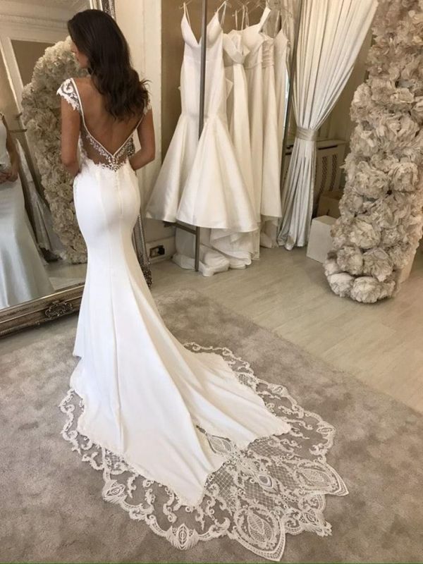 Elegante trägerlose Meerjungfrau-Hochzeitskleider aus Satin in Elfenbein mit Spitze