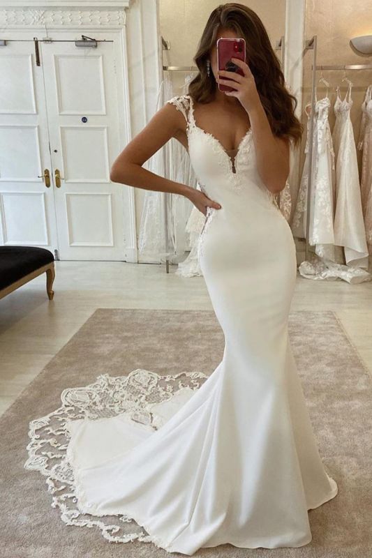 Elegante trägerlose Meerjungfrau-Hochzeitskleider aus Satin in Elfenbein mit Spitze
