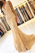 Robe de soirée sirène élégante sans manches à encolure en V avec applications de dentelle