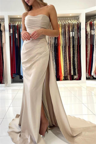 Elegant Long Satin Strapless Mermaid Evening Dress with Split