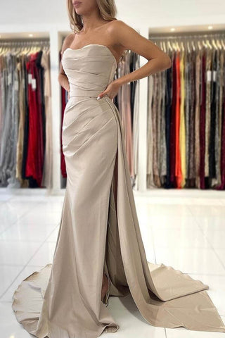 Elegant Long Satin Strapless Mermaid Evening Dress with Split