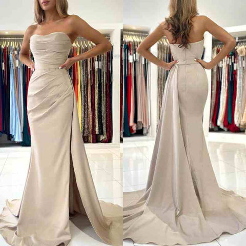 Elegant Long Satin Strapless Mermaid Evening Dress with Split