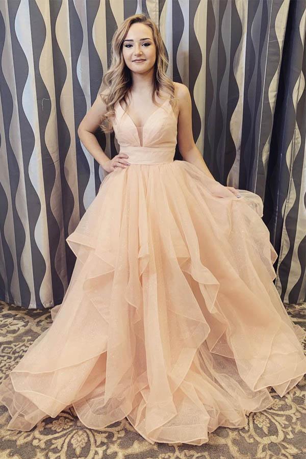 Vestido comprido champanhe com alças elegantes e folhos PSK168