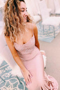 Abito lungo elegante sirena con perline e perle rosa per ballo di fine anno/formale PSK135