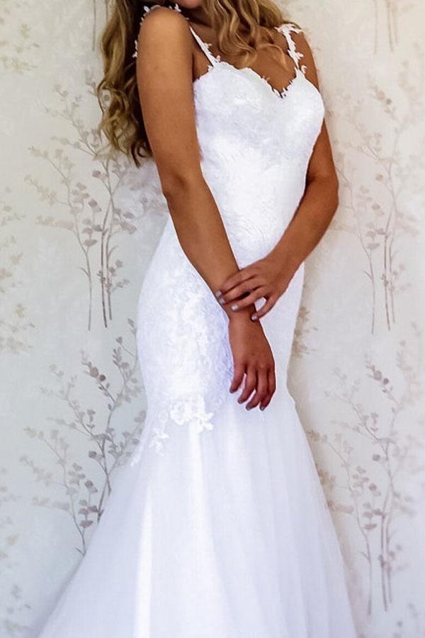 Elegant Träger Meerjungfrau Weiß Lang Brautkleid Brautkleid