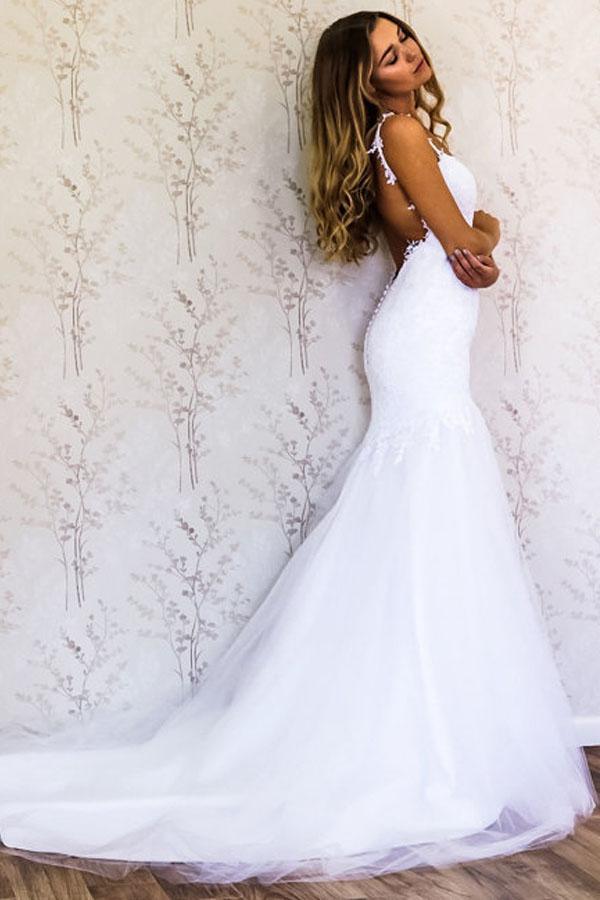 Elegant Träger Meerjungfrau Weiß Lang Brautkleid Brautkleid