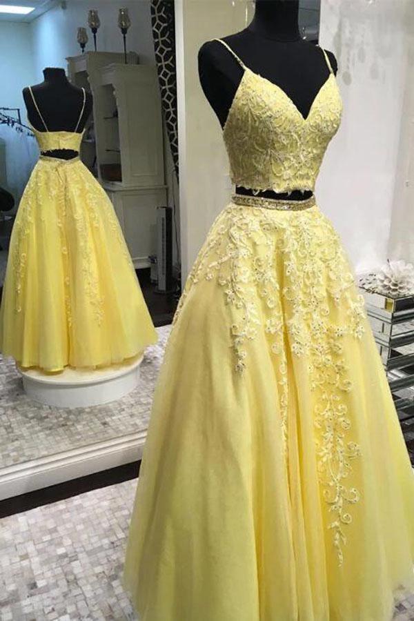 Vestido de festa comprido amarelo em renda com alças elegantes, duas peças PSK153