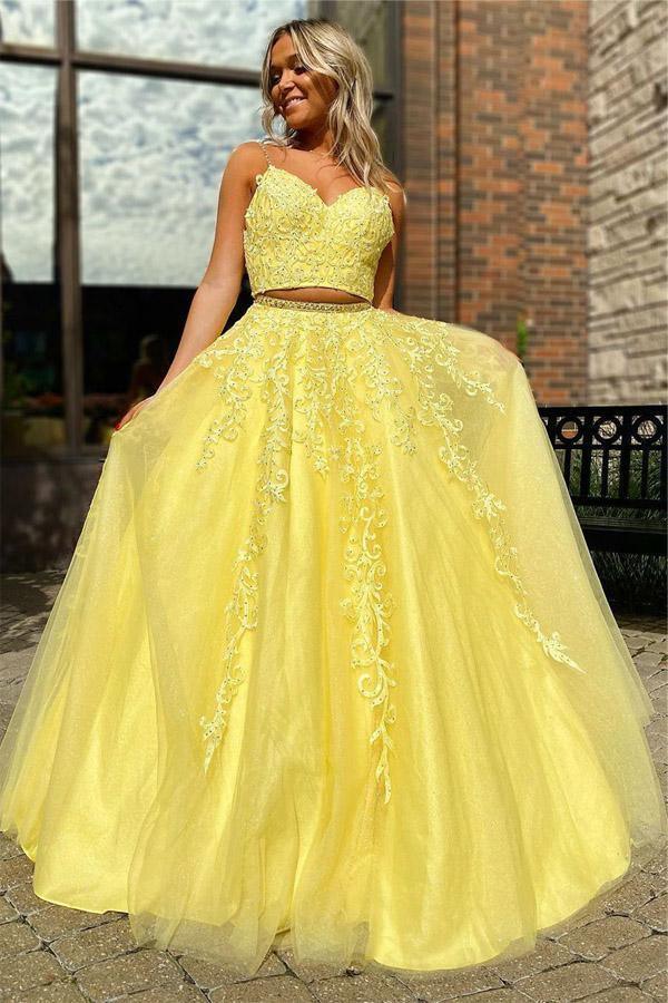 Vestido de festa comprido amarelo em renda com alças elegantes, duas peças PSK153