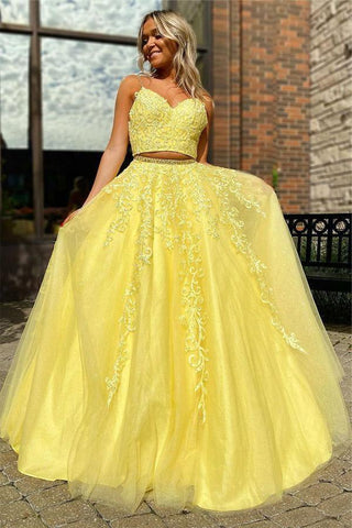 Elegant Straps Two Piece Yellow Long Lace Prom Dress PSK153
