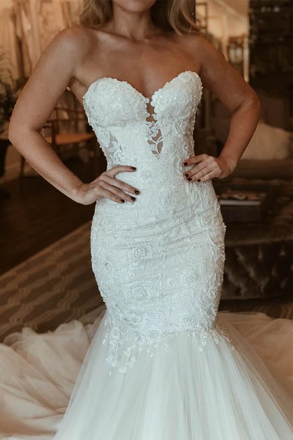 Elegant Herz-Ausschnitt Meerjungfrau Spitze Lang Brautkleid Mit Perlenstickerei