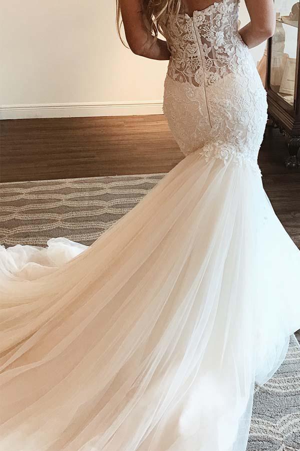 Elegant Herz-Ausschnitt Meerjungfrau Spitze Lang Brautkleid Mit Perlenstickerei
