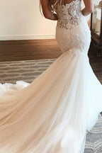 Elegant Herz-Ausschnitt Meerjungfrau Spitze Lang Brautkleid Mit Perlenstickerei