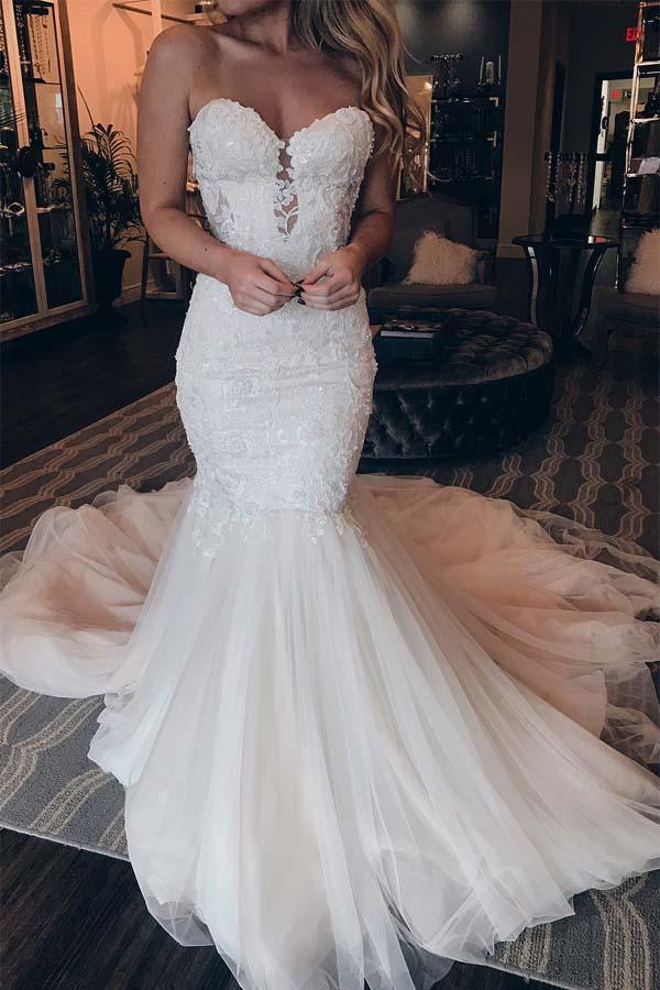 Elegant Herz-Ausschnitt Meerjungfrau Spitze Lang Brautkleid Mit Perlenstickerei