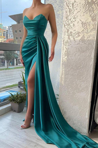 Elegant Sweetheart Satin Ruffles Mermaid Prom Dress with Long Split