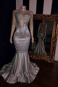 Robes de bal élégantes en tulle sans dos, manches longues argentées, robes de soirée sirène