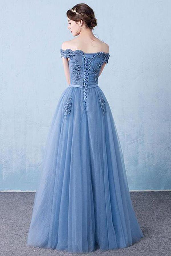Vestido de festa comprido com aplicações de renda e tule elegante, azul, PSK128