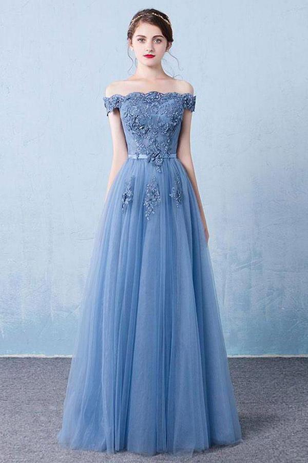 Vestido de festa comprido com aplicações de renda e tule elegante, azul, PSK128