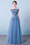 Abito da sera lungo elegante con applicazioni di pizzo tulle blu per ballo PSK128