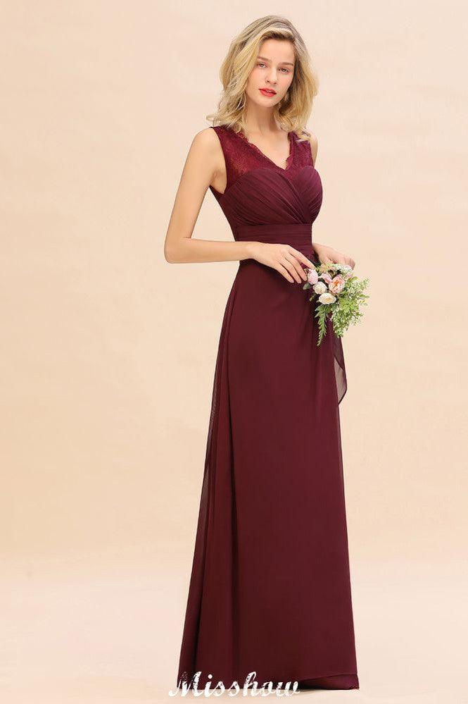 Elegant V-Neck aline Bridesmaid Dress Burgundy Backless Chiffon Party Dress