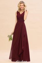 Elegant V-Neck aline Bridesmaid Dress Burgundy Backless Chiffon Party Dress