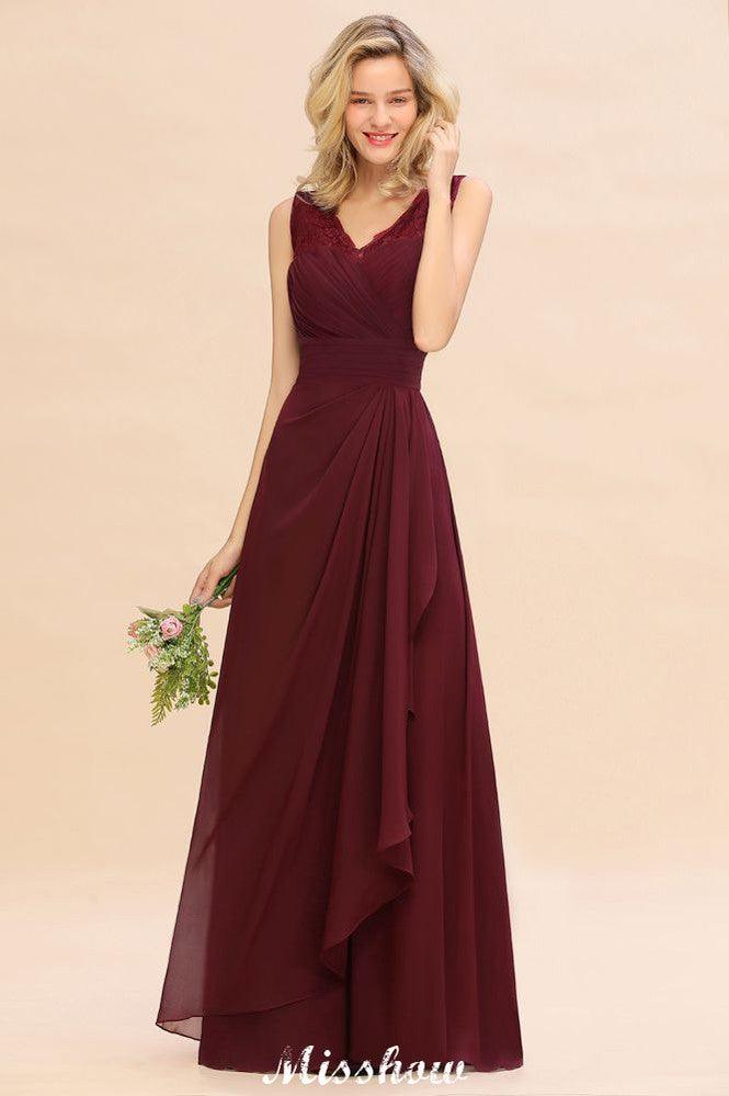 Elegant V-Neck aline Bridesmaid Dress Burgundy Backless Chiffon Party Dress