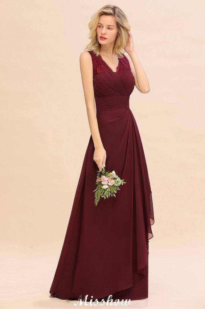Elegant V-Neck aline Bridesmaid Dress Burgundy Backless Chiffon Party Dress