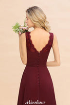 Elegant V-Neck aline Bridesmaid Dress Burgundy Backless Chiffon Party Dress