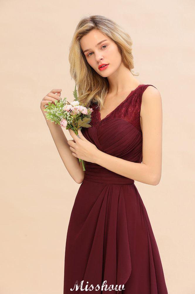 Elegant V-Neck aline Bridesmaid Dress Burgundy Backless Chiffon Party Dress