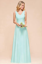 Elegant V-Neck Chiffon Bridesmaid Dress A-line Maxi Wedding Party Dress