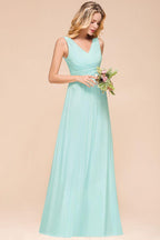 Elegant V-Neck Chiffon Bridesmaid Dress A-line Maxi Wedding Party Dress