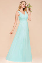 Elegant V-Neck Chiffon Bridesmaid Dress A-line Maxi Wedding Party Dress