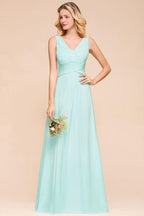 Elegant V-Neck Chiffon Bridesmaid Dress A-line Maxi Wedding Party Dress