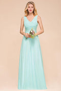 Abito da damigella chiffon scollato a V elegante, abito lungo a linea A per cerimonia nuziale
