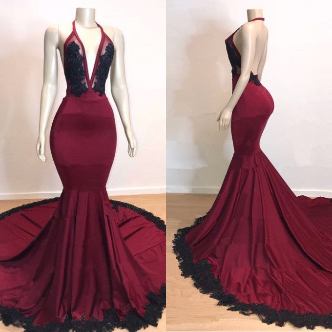Elegant V-Neck Halter Mermaid Appliques Evening Gowns