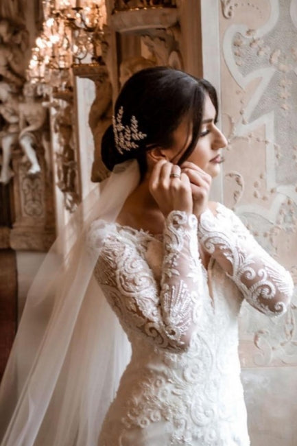 Vestido de Noiva Elegante Decote em V Manga Comprida Mermaid Comprido até ao Chão Renda com Cauda Capela