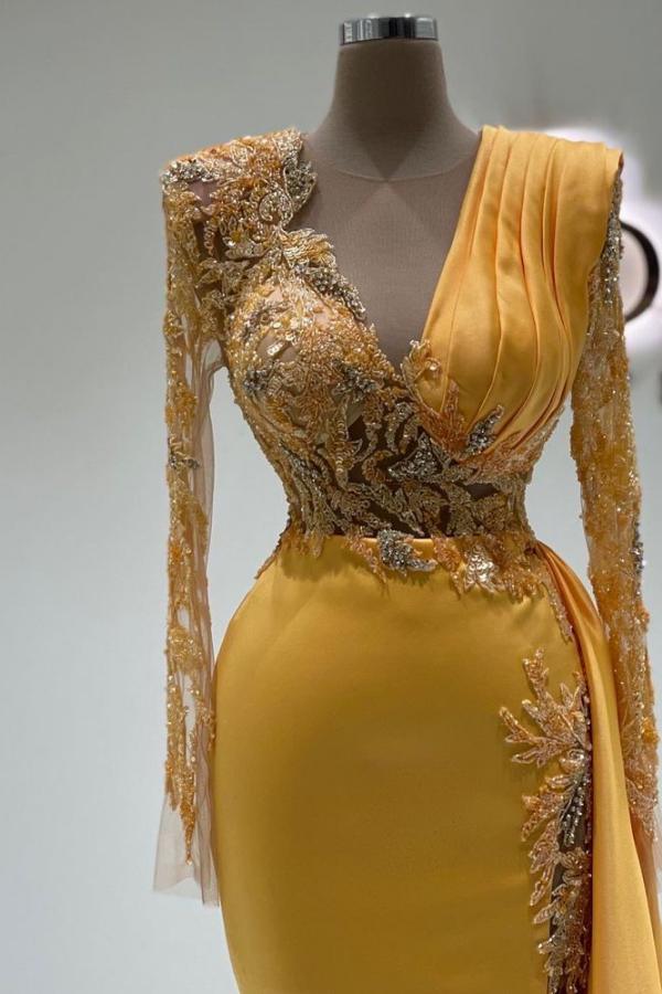 Vestidos de baile elegantes com decote em V, mangas compridas, estilo sereia, em cetim e cauda