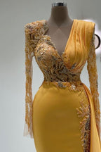 Vestidos de baile elegantes com decote em V, mangas compridas, estilo sereia, em cetim e cauda