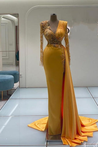 Elegant V-Neck Long Sleeves Mermaid Satin Prom Dresses with Train