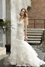 Elegant V-Ausschnitt Meerjungfrau Brautkleid Tüll Spitze Applikationen Puffärmel Brautkleid