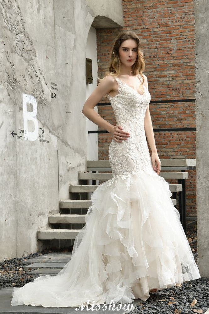 Elegant V-Ausschnitt Meerjungfrau Brautkleid Tüll Spitze Applikationen Puffärmel Brautkleid