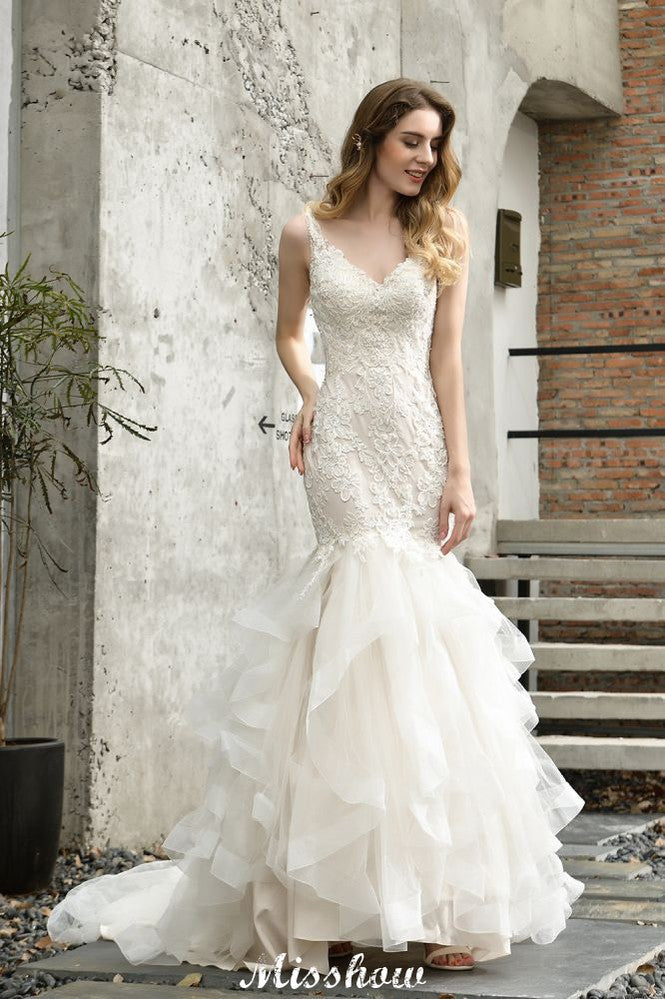 Elegant V-Ausschnitt Meerjungfrau Brautkleid Tüll Spitze Applikationen Puffärmel Brautkleid