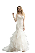 Elegant V-Ausschnitt Meerjungfrau Brautkleid Tüll Spitze Applikationen Puffärmel Brautkleid