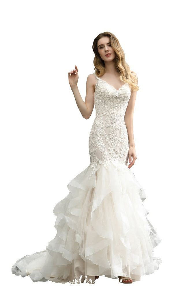 Elegant V-Ausschnitt Meerjungfrau Brautkleid Tüll Spitze Applikationen Puffärmel Brautkleid