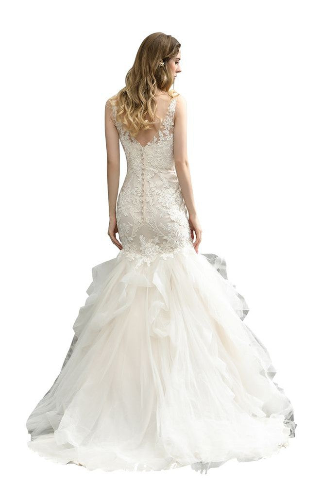 Elegant V-Ausschnitt Meerjungfrau Brautkleid Tüll Spitze Applikationen Puffärmel Brautkleid