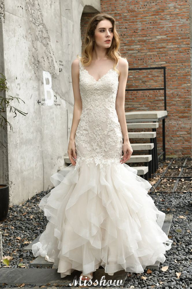 Elegant V-Ausschnitt Meerjungfrau Brautkleid Tüll Spitze Applikationen Puffärmel Brautkleid