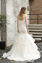 Elegant V-Ausschnitt Meerjungfrau Brautkleid Tüll Spitze Applikationen Puffärmel Brautkleid