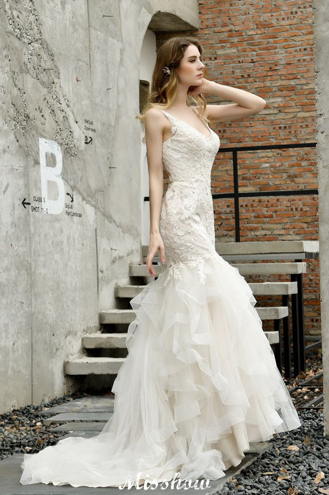 Elegant V-Ausschnitt Meerjungfrau Brautkleid Tüll Spitze Applikationen Puffärmel Brautkleid