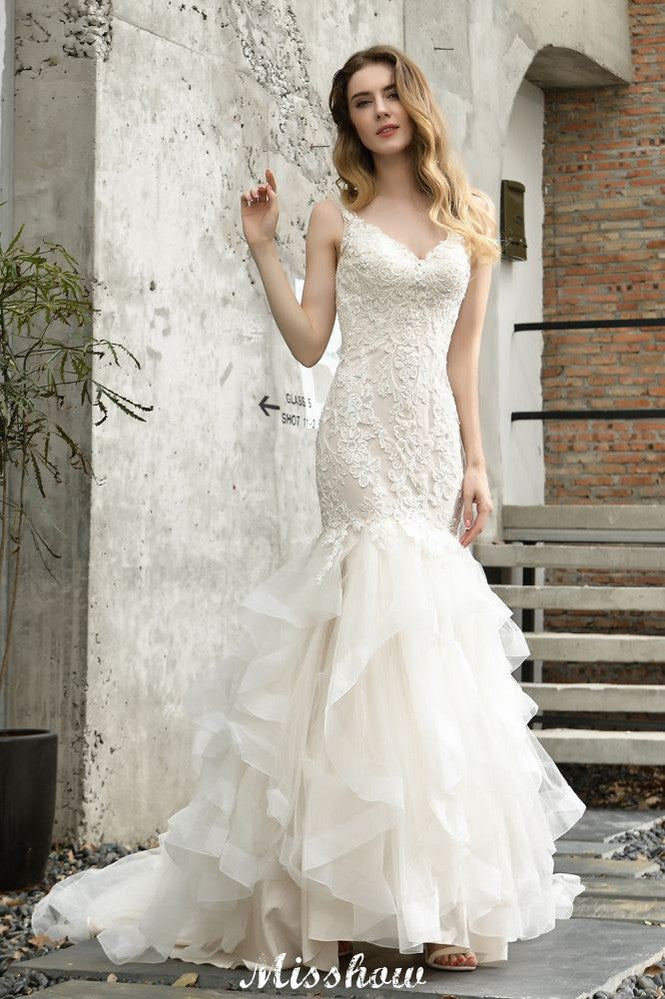 Elegant V-Ausschnitt Meerjungfrau Brautkleid Tüll Spitze Applikationen Puffärmel Brautkleid